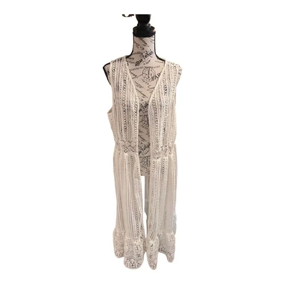 NWOT ndigo Thread Co. Lace Sleeveless Open Front Flounce Hem Duster Vest Sz M